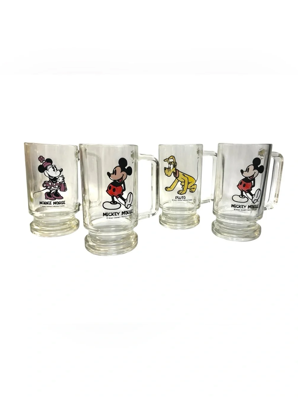 Walt Disney Productions Clear Glass Footed Mugs 12oz (2) Mickey, Minnie & Pluto